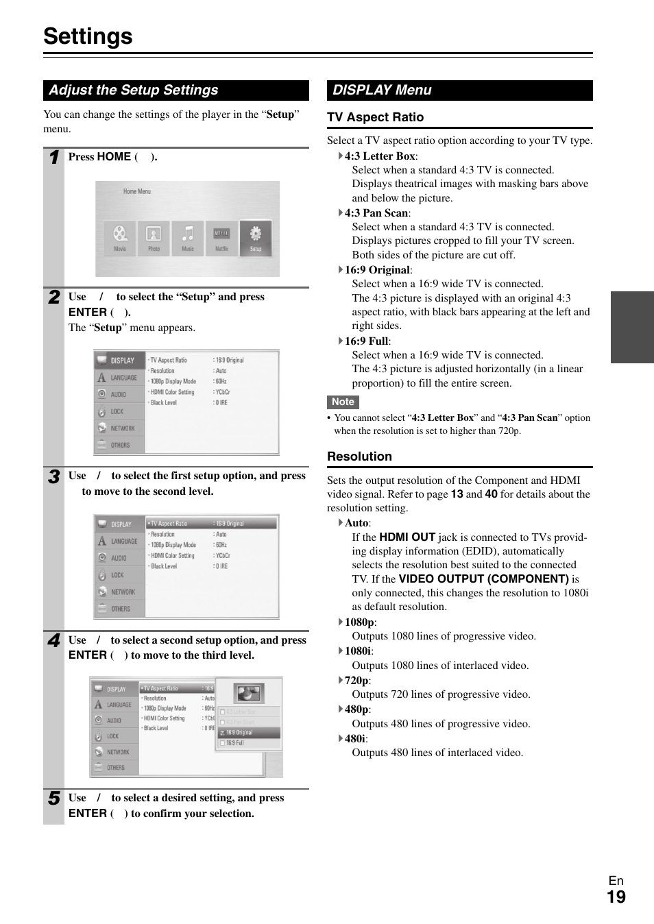 Settings, Adjust the setup settings, Display menu | Adjust the setup settings display | Onkyo BD-SP308 User Manual | Page 19 / 44