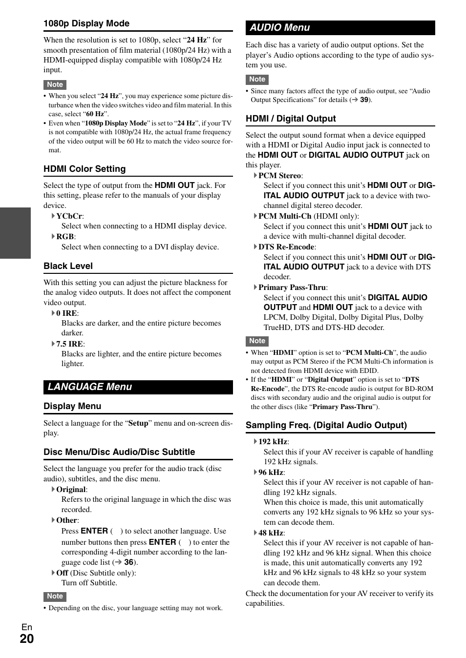 Language menu, Audio menu, Language | Audio, Ital output. see “audio menu, Language menu audio menu | Onkyo BD-SP308 User Manual | Page 20 / 44