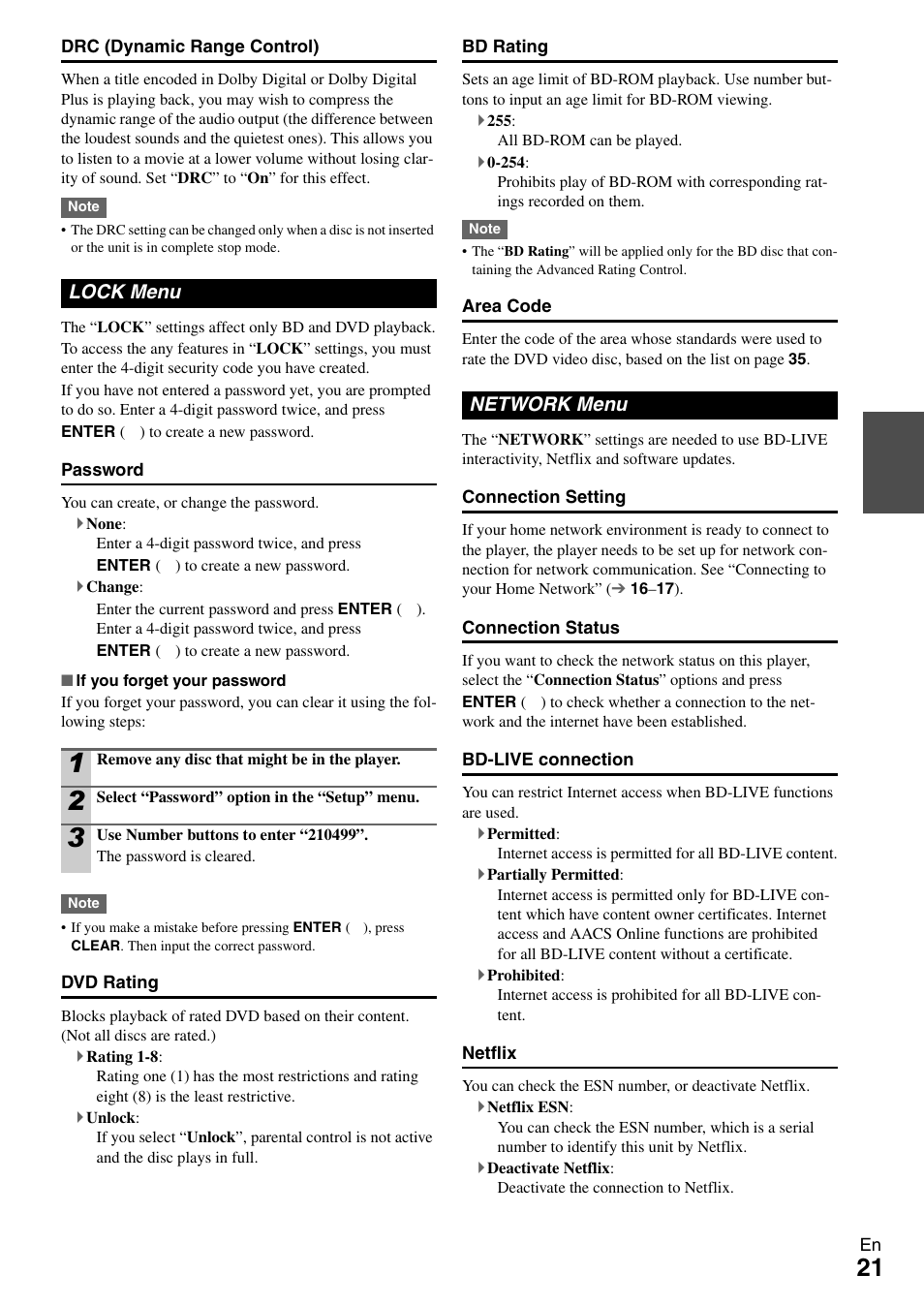 Lock menu, Network menu, Lock | Network | Onkyo BD-SP308 User Manual | Page 21 / 44