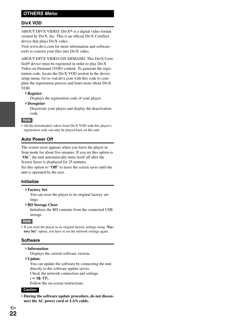 Others menu, Others | Onkyo BD-SP308 User Manual | Page 22 / 44