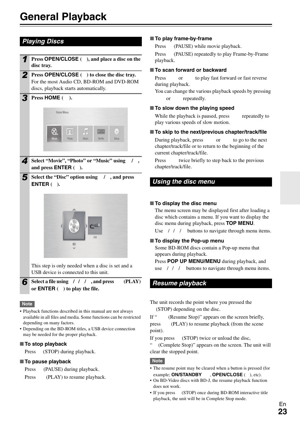 Operation, General playback, Playing discs | Using the disc menu, Resume playback, Playing discs using the disc menu resume playback | Onkyo BD-SP308 User Manual | Page 23 / 44