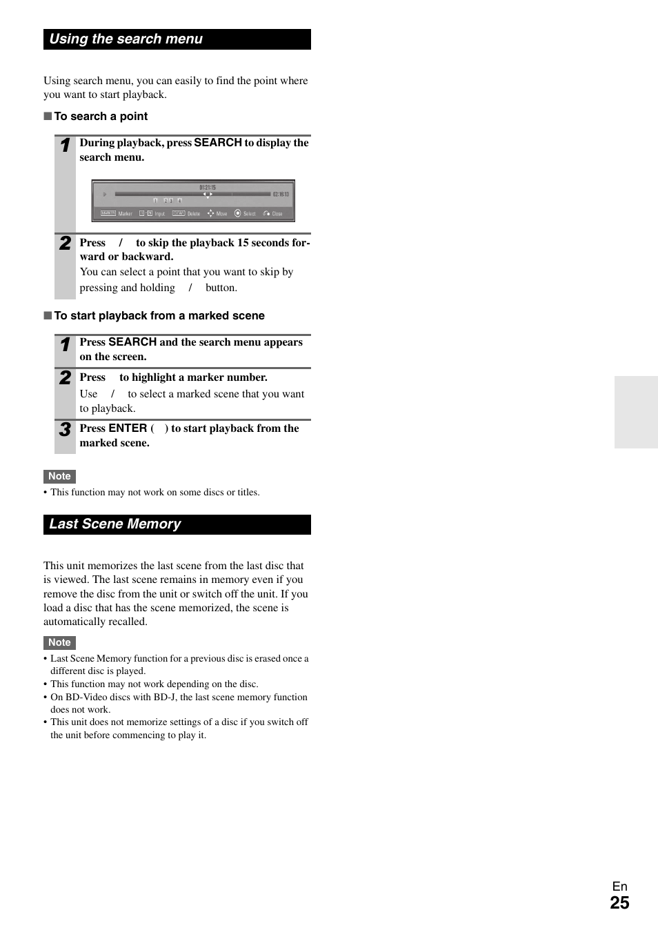 Using the search menu, Last scene memory, Using the search menu last scene memory | Onkyo BD-SP308 User Manual | Page 25 / 44