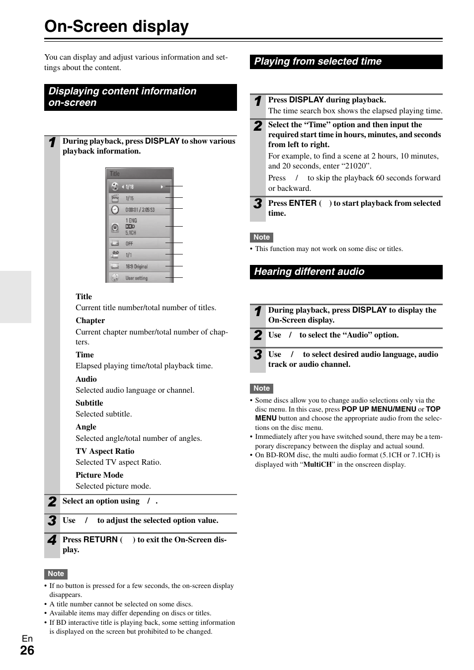 On-screen display, Displaying content information on-screen, Playing from selected time | Hearing different audio | Onkyo BD-SP308 User Manual | Page 26 / 44
