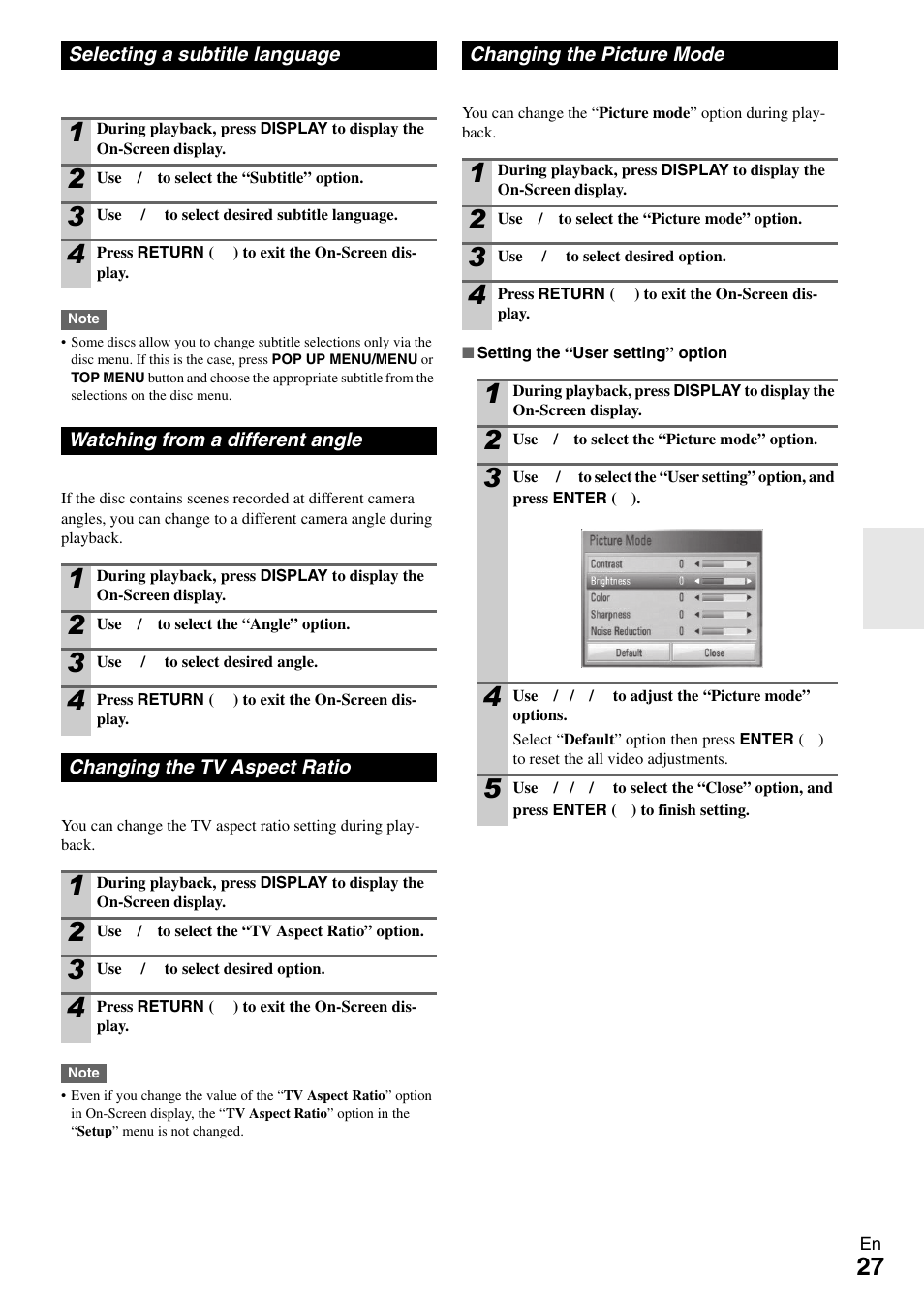 Selecting a subtitle language, Watching from a different angle, Changing the tv aspect ratio | Changing the picture mode | Onkyo BD-SP308 User Manual | Page 27 / 44