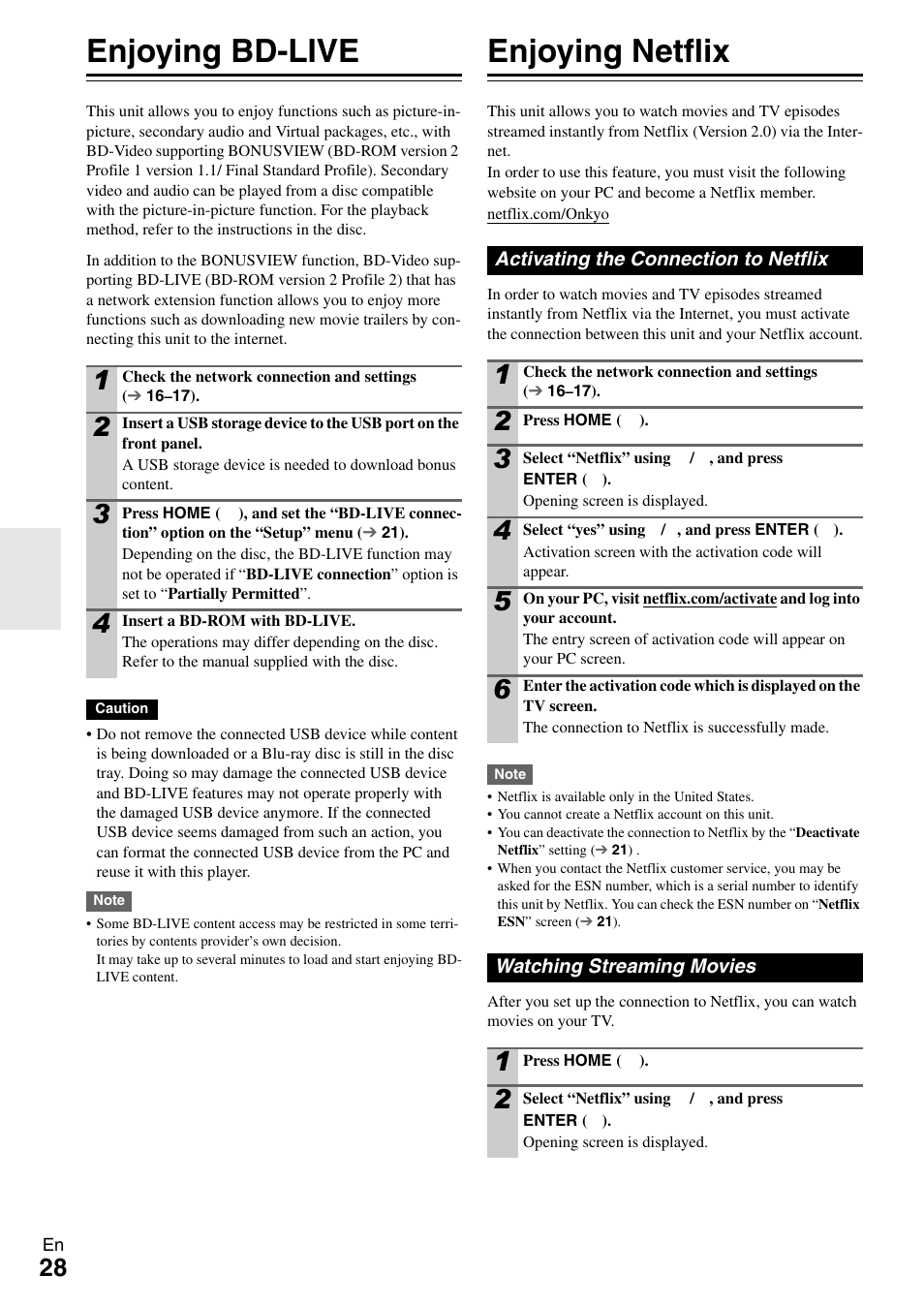 Enjoying bd-live, Enjoying netflix, Activating the connection to netflix | Watching streaming movies, Enjoying bd-live enjoying netflix | Onkyo BD-SP308 User Manual | Page 28 / 44