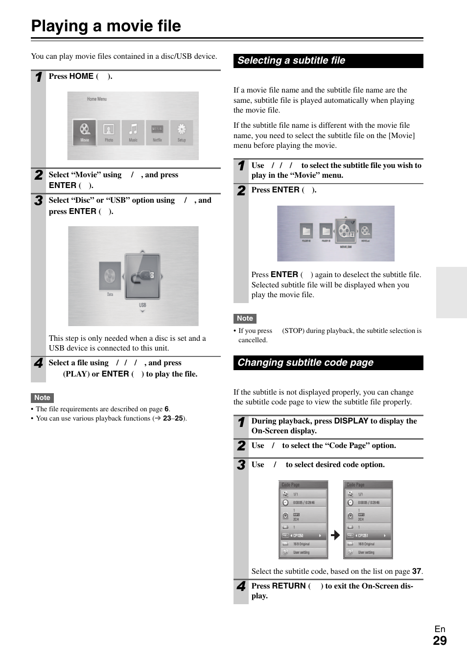 Playing a movie file, Selecting a subtitle file | Onkyo BD-SP308 User Manual | Page 29 / 44