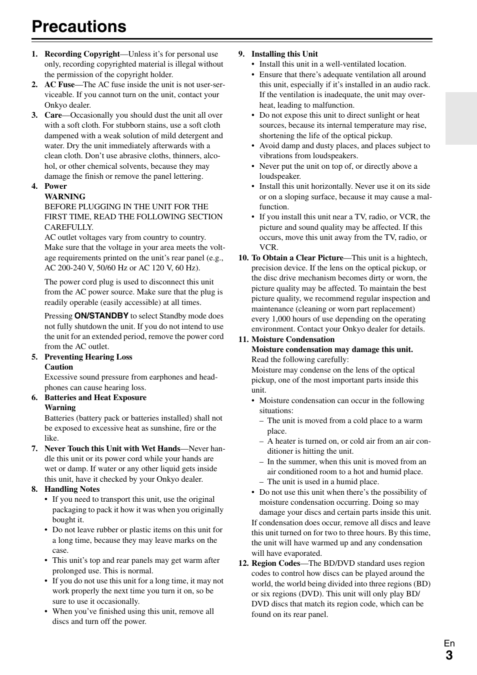 Precautions | Onkyo BD-SP308 User Manual | Page 3 / 44