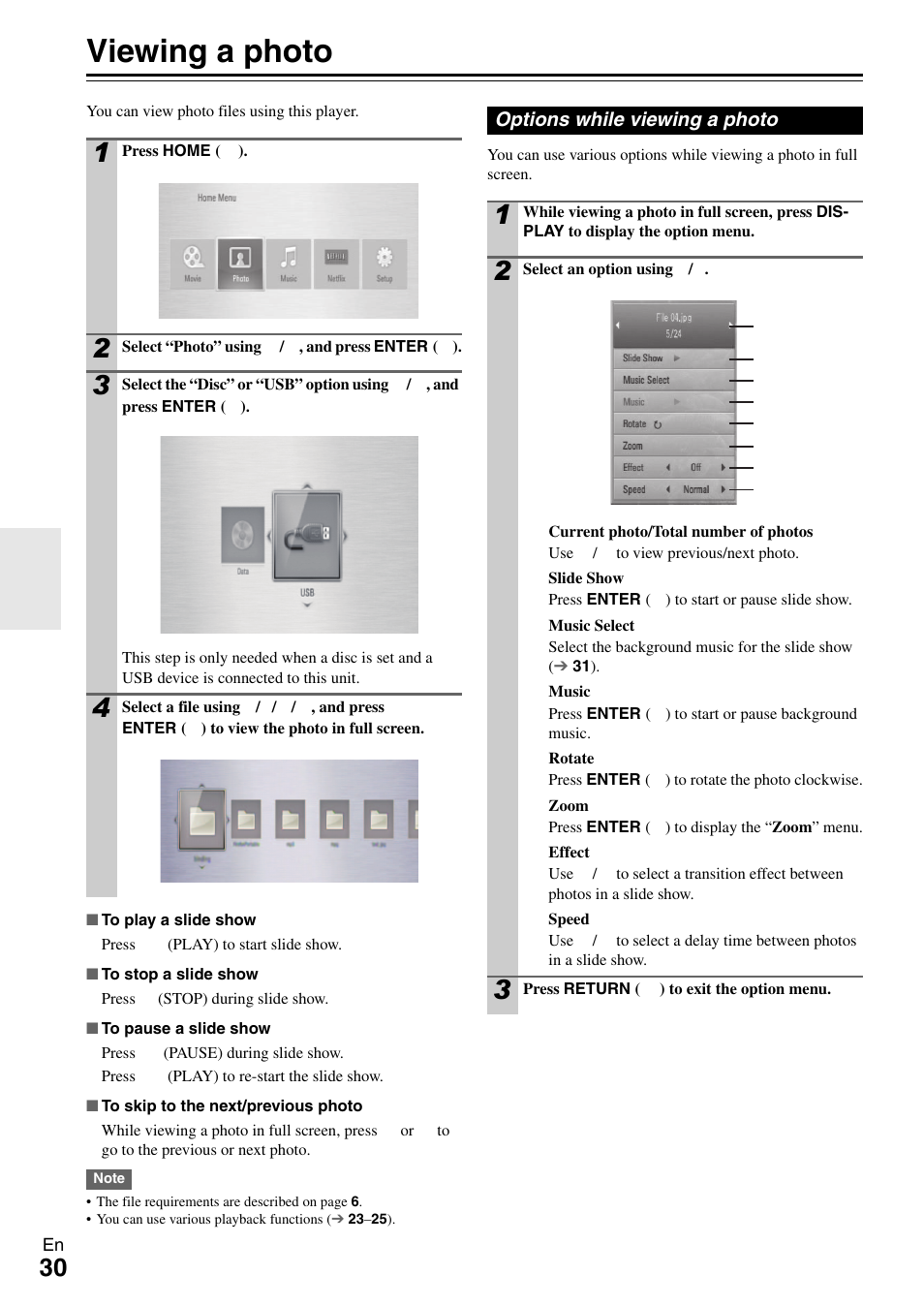 Viewing a photo, Options while viewing a photo | Onkyo BD-SP308 User Manual | Page 30 / 44