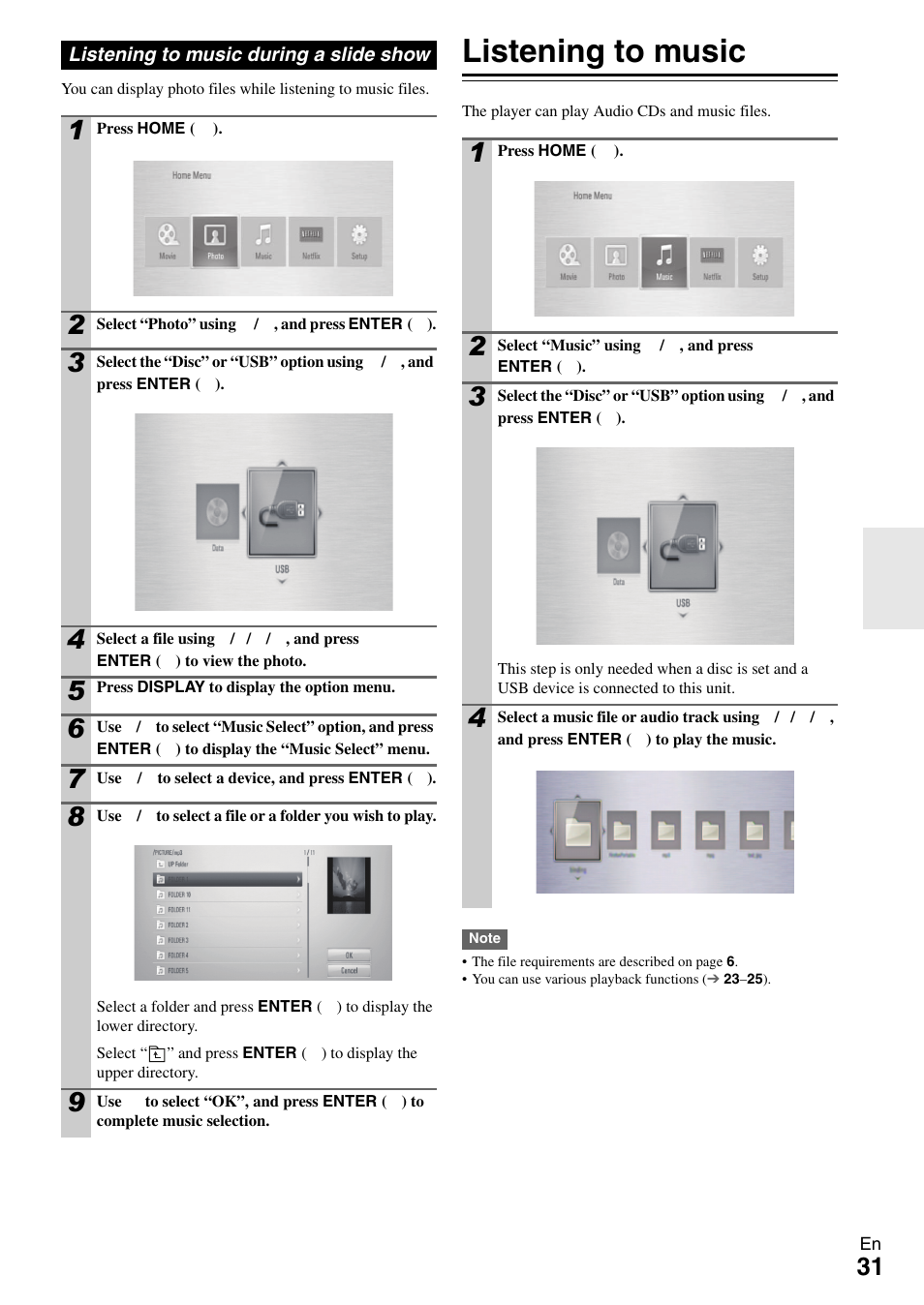 Listening to music during a slide show, Listening to music | Onkyo BD-SP308 User Manual | Page 31 / 44