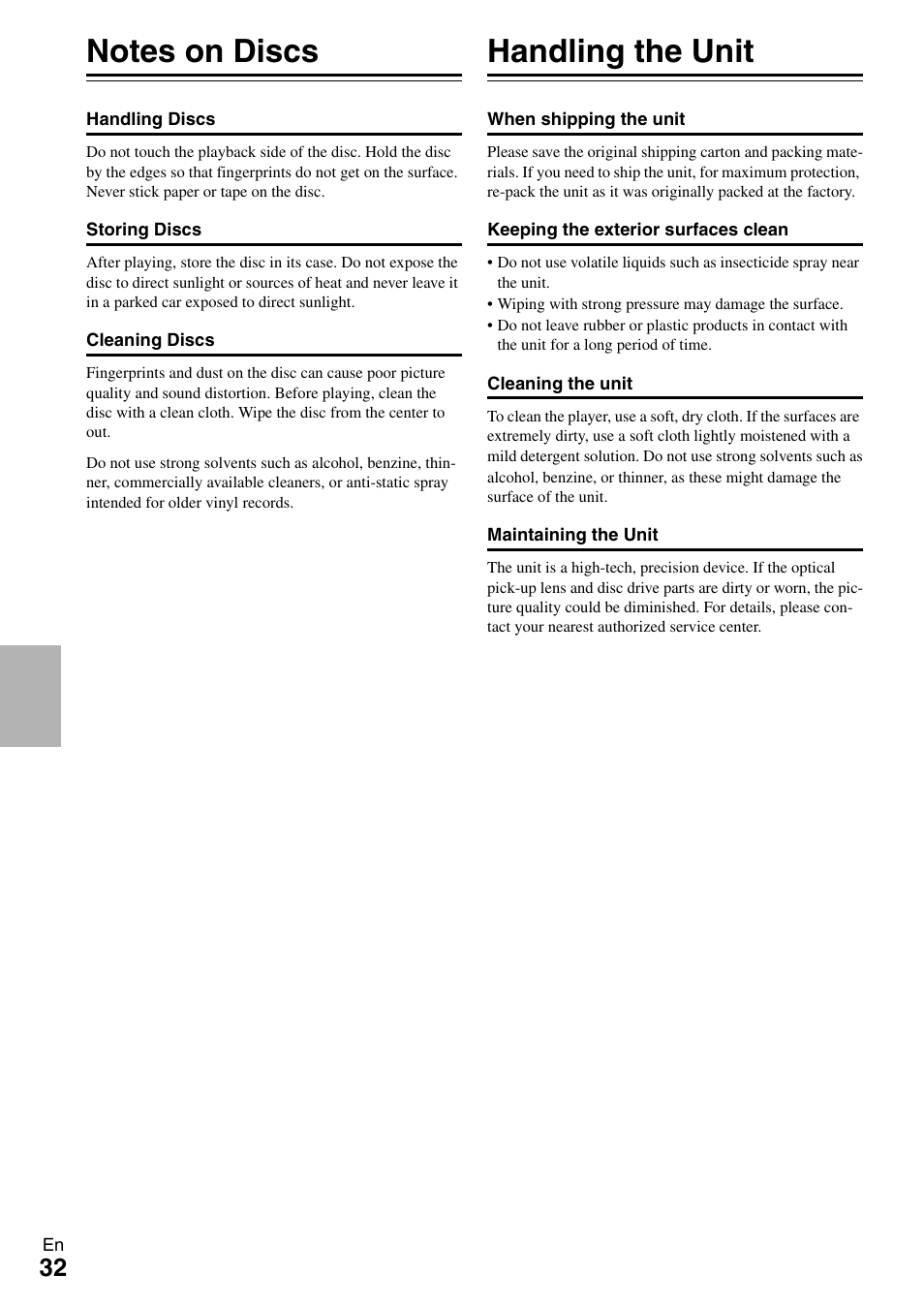 Maintenance, Notes on discs, Handling the unit | Notes on discs handling the unit | Onkyo BD-SP308 User Manual | Page 32 / 44