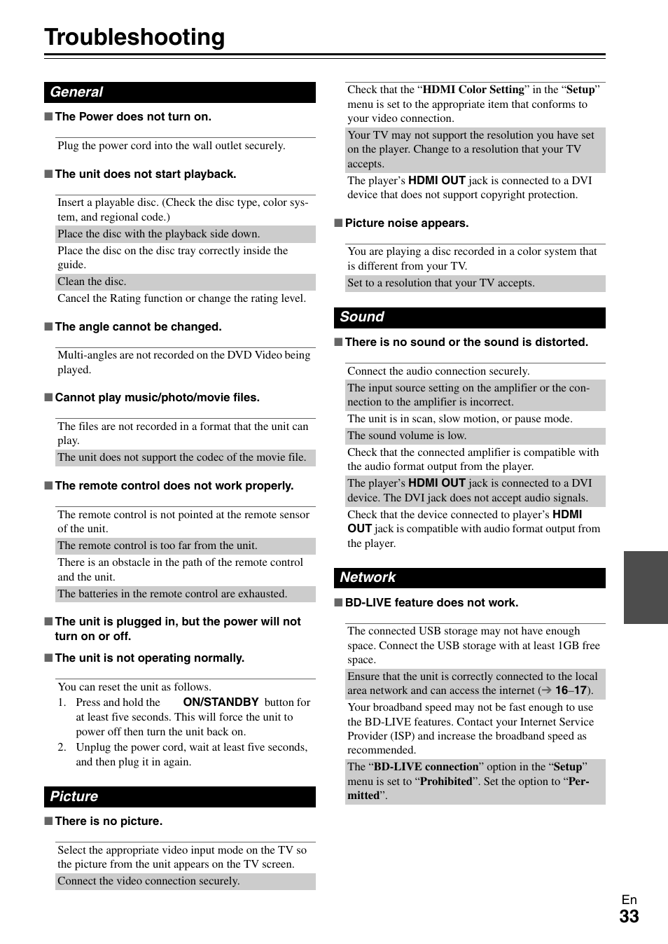 Troubleshooting, General, Picture | Sound, Network, General picture sound network | Onkyo BD-SP308 User Manual | Page 33 / 44