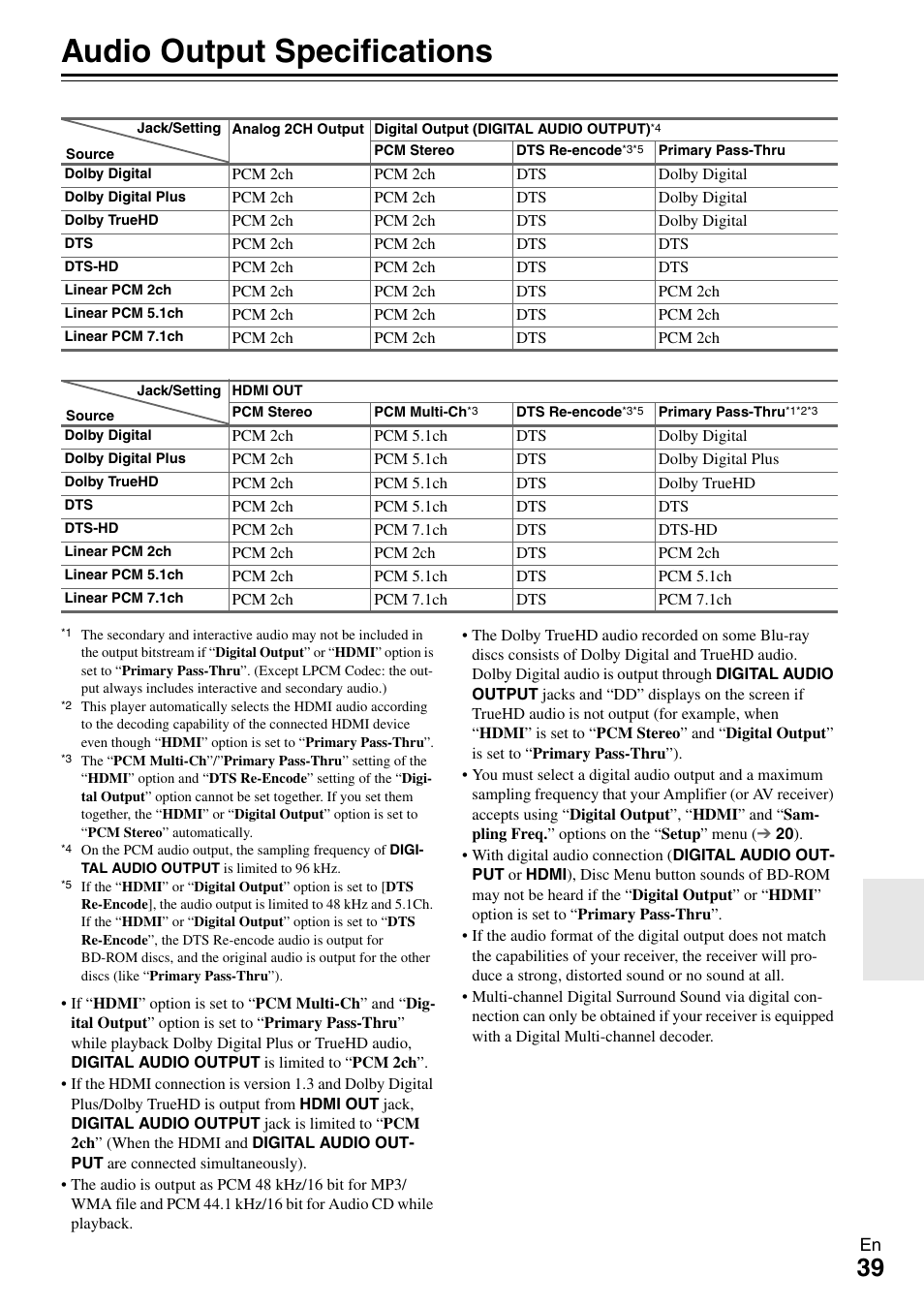 Audio output specifications, Audio, Output specifications” f | Onkyo BD-SP308 User Manual | Page 39 / 44