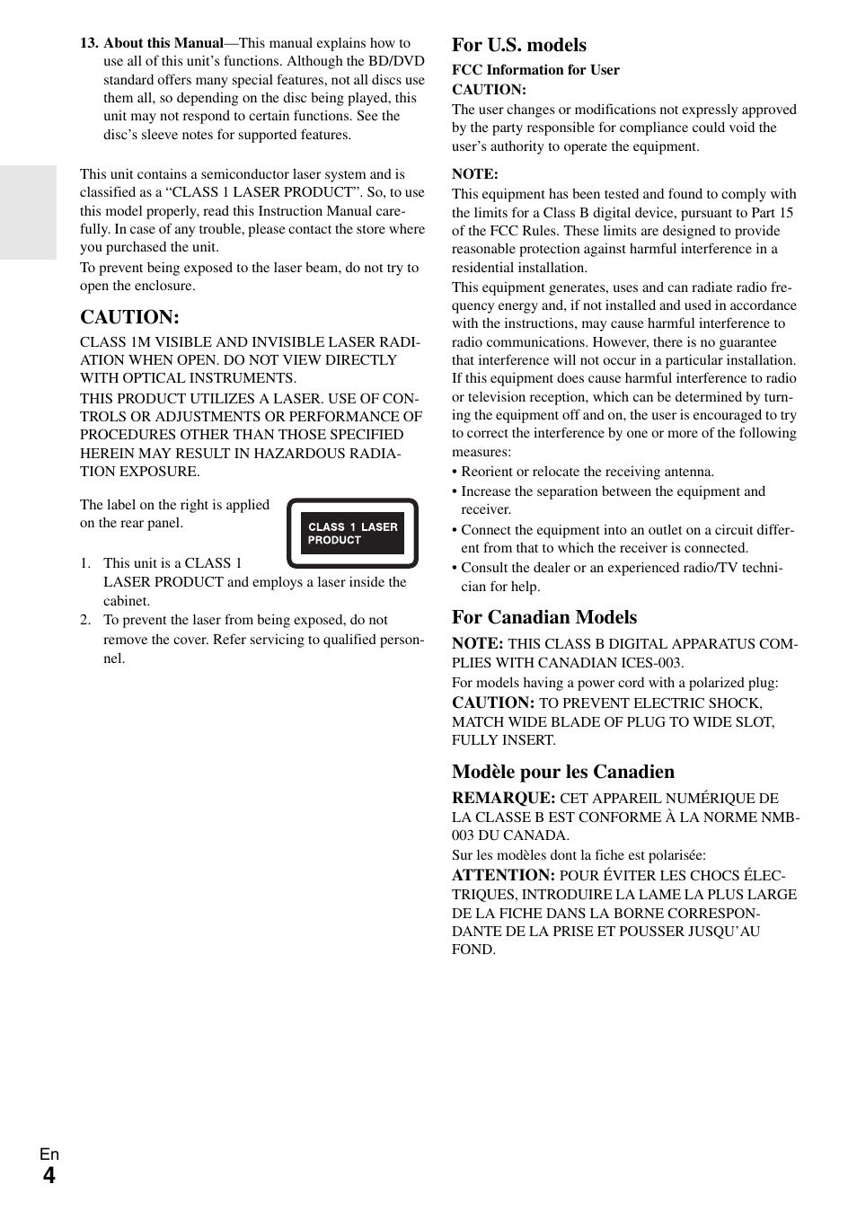 Caution, For u.s. models, For canadian models | Modèle pour les canadien | Onkyo BD-SP308 User Manual | Page 4 / 44