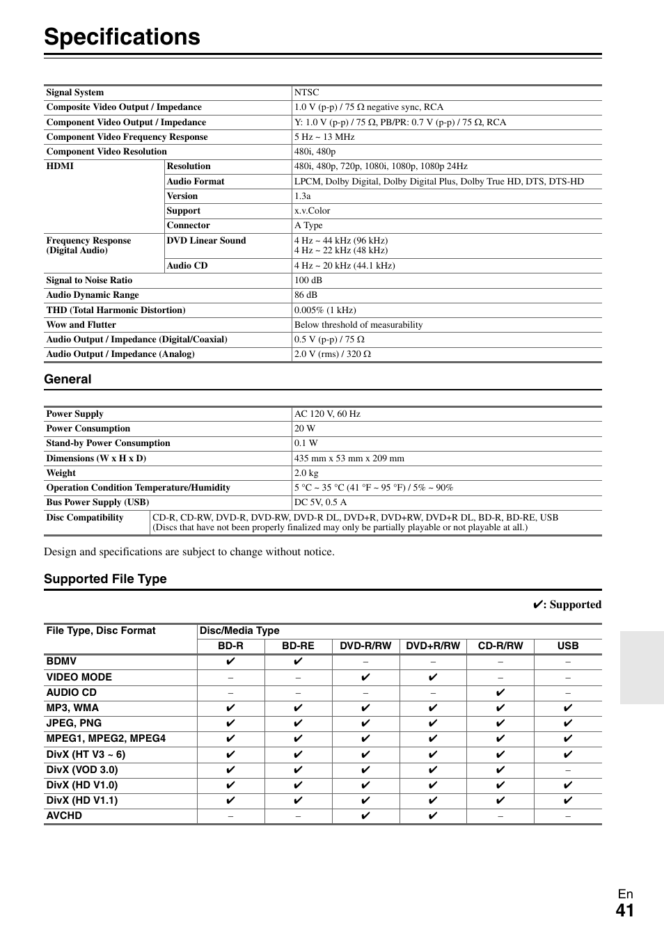 Specifications, General, Supported file type | Onkyo BD-SP308 User Manual | Page 41 / 44