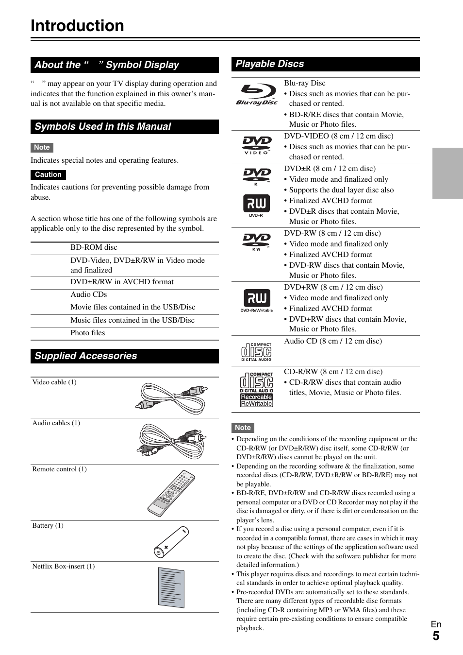 Preparation, Introduction, About the “a” symbol display | Symbols used in this manual, Supplied accessories, Playable discs | Onkyo BD-SP308 User Manual | Page 5 / 44