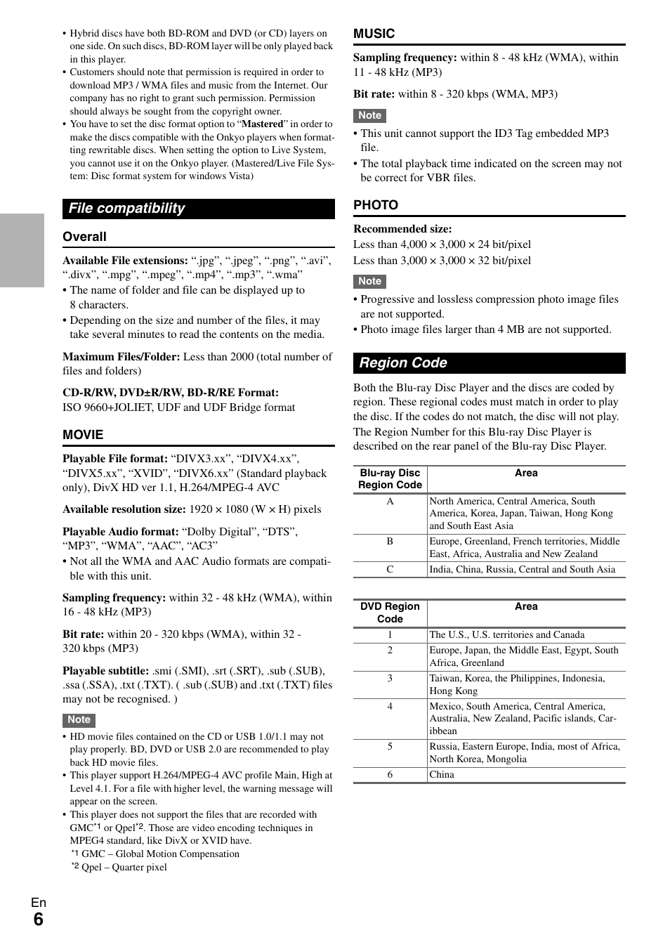 File compatibility, Region code | Onkyo BD-SP308 User Manual | Page 6 / 44