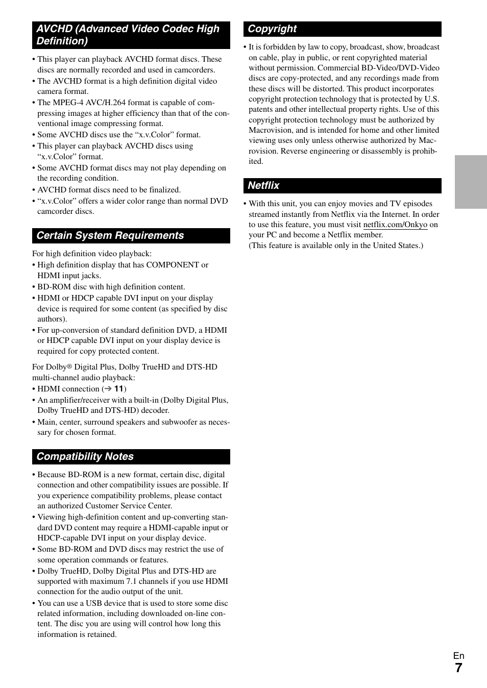 Avchd (advanced video codec high definition), Certain system requirements, Compatibility notes | Copyright, Netflix | Onkyo BD-SP308 User Manual | Page 7 / 44