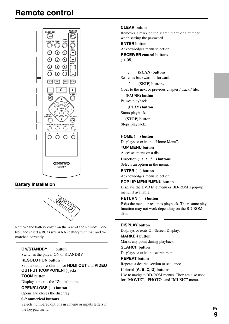 Remote control | Onkyo BD-SP308 User Manual | Page 9 / 44