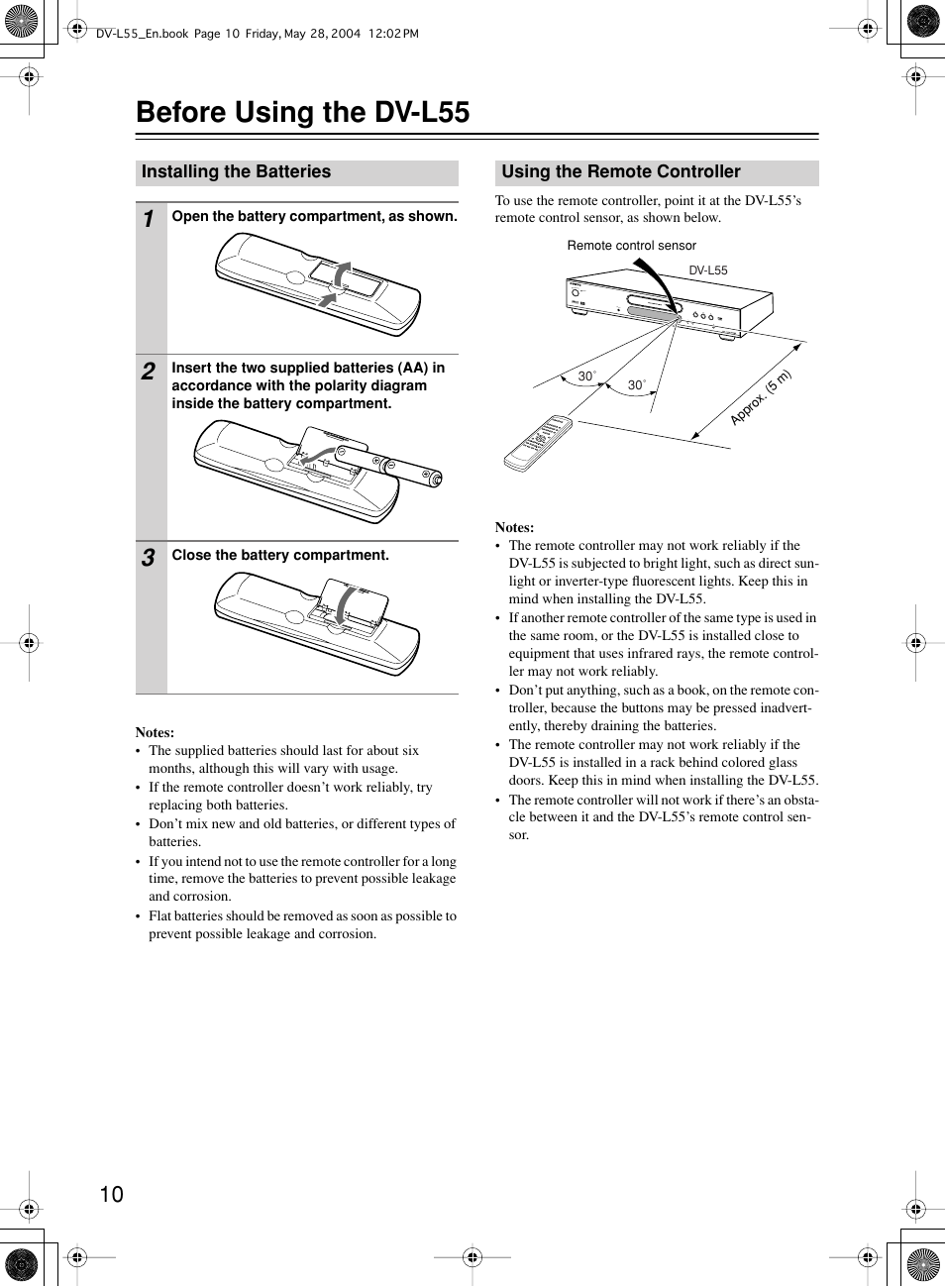 Before using the dv-l55 | Onkyo DV-L55 User Manual | Page 10 / 56