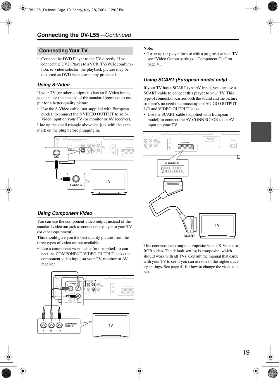 Connecting the dv-l55 —continued, Connecting your tv, Using s-video | Using component video, Using scart (european model only), Scart | Onkyo DV-L55 User Manual | Page 19 / 56