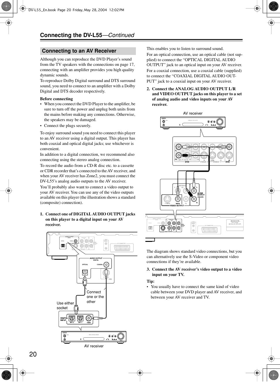 Connecting the dv-l55 —continued, Connecting to an av receiver, Av receiver | Onkyo DV-L55 User Manual | Page 20 / 56