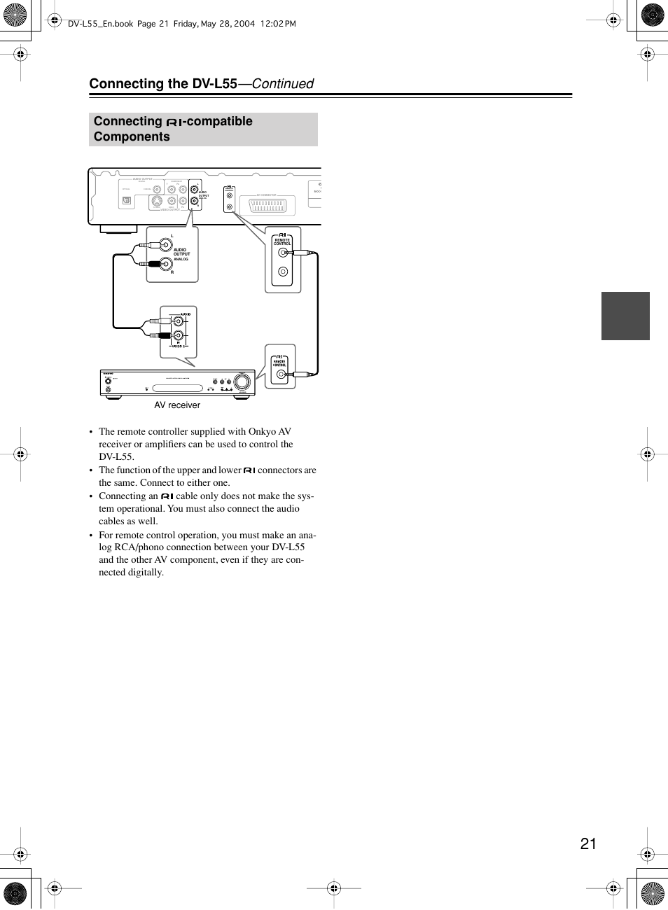 Connecting the dv-l55 —continued, Connecting -compatible components | Onkyo DV-L55 User Manual | Page 21 / 56