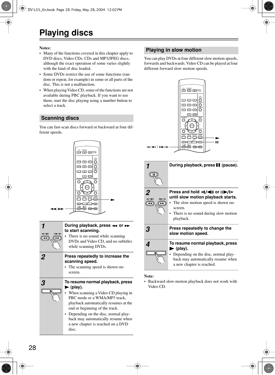 Playing discs, Scanning discs, Playing in slow motion | Onkyo DV-L55 User Manual | Page 28 / 56