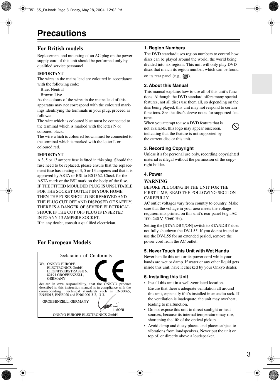 Precautions, For british models, For european models | Onkyo DV-L55 User Manual | Page 3 / 56