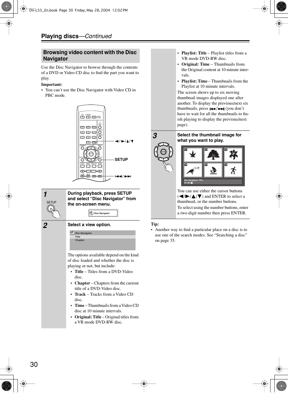 Playing discs —continued, Browsing video content with the disc navigator | Onkyo DV-L55 User Manual | Page 30 / 56