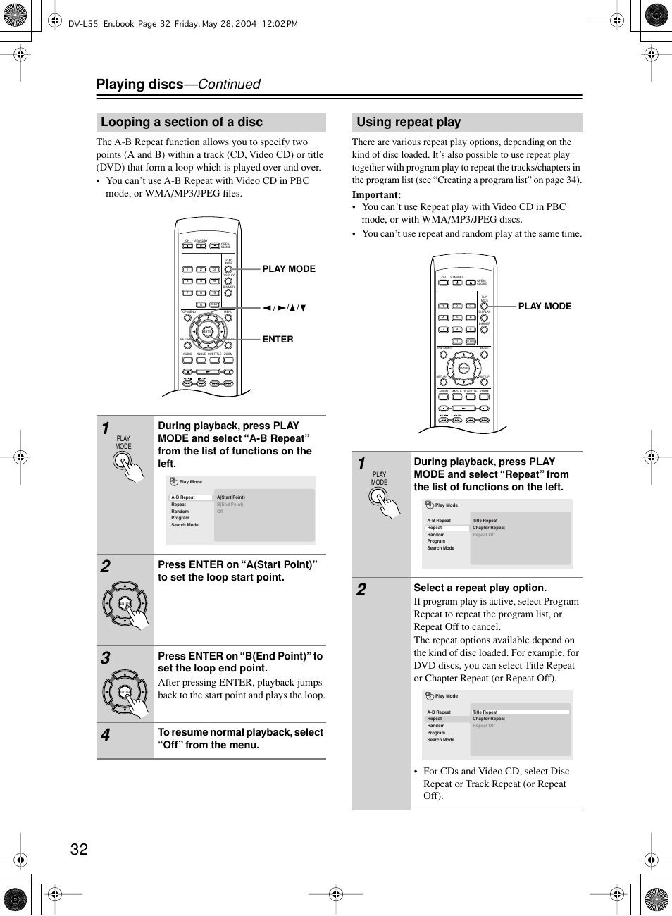 Playing discs —continued, Using repeat play | Onkyo DV-L55 User Manual | Page 32 / 56