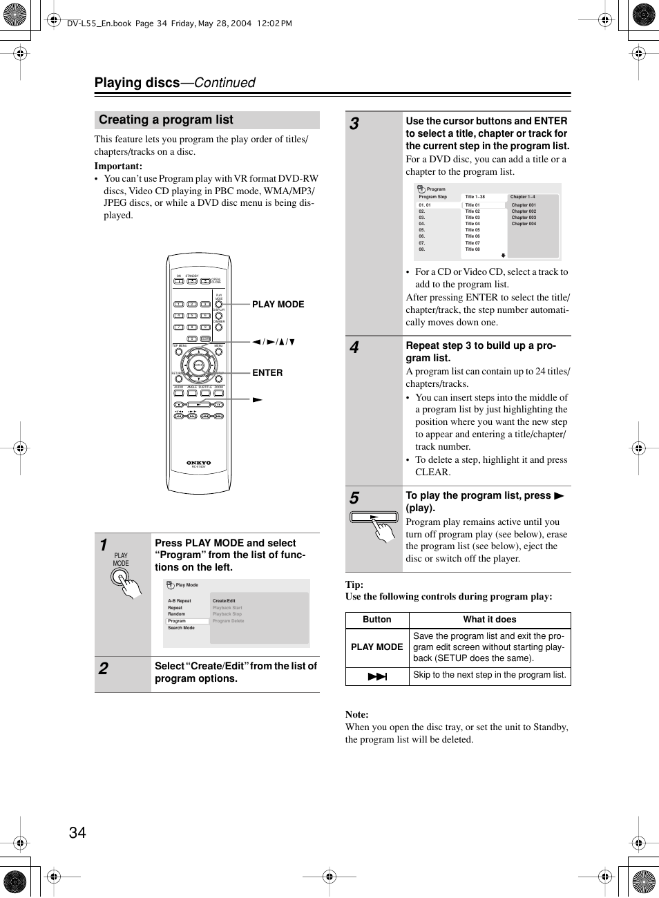 Playing discs —continued, Creating a program list | Onkyo DV-L55 User Manual | Page 34 / 56