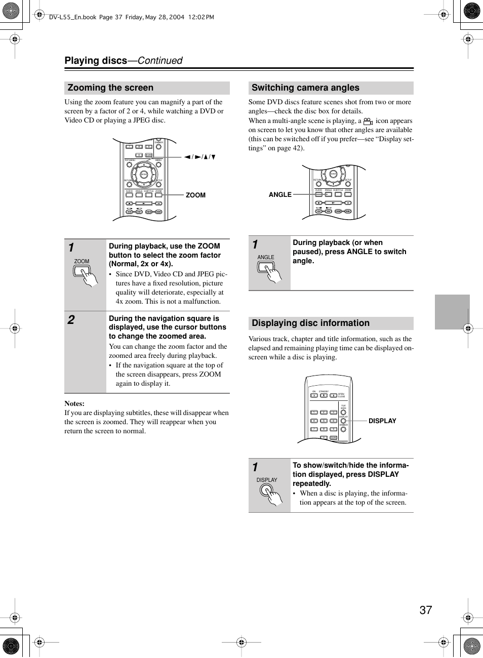 Playing discs —continued, Zooming the screen, Switching camera angles | Displaying disc information | Onkyo DV-L55 User Manual | Page 37 / 56