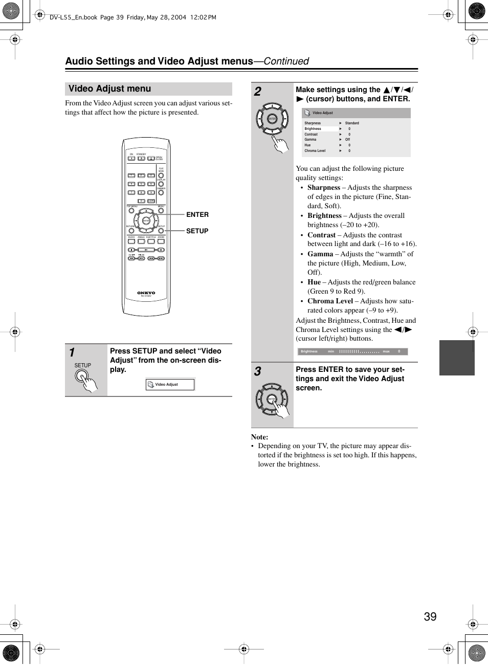 Audio settings and video adjust menus —continued, Video adjust menu | Onkyo DV-L55 User Manual | Page 39 / 56