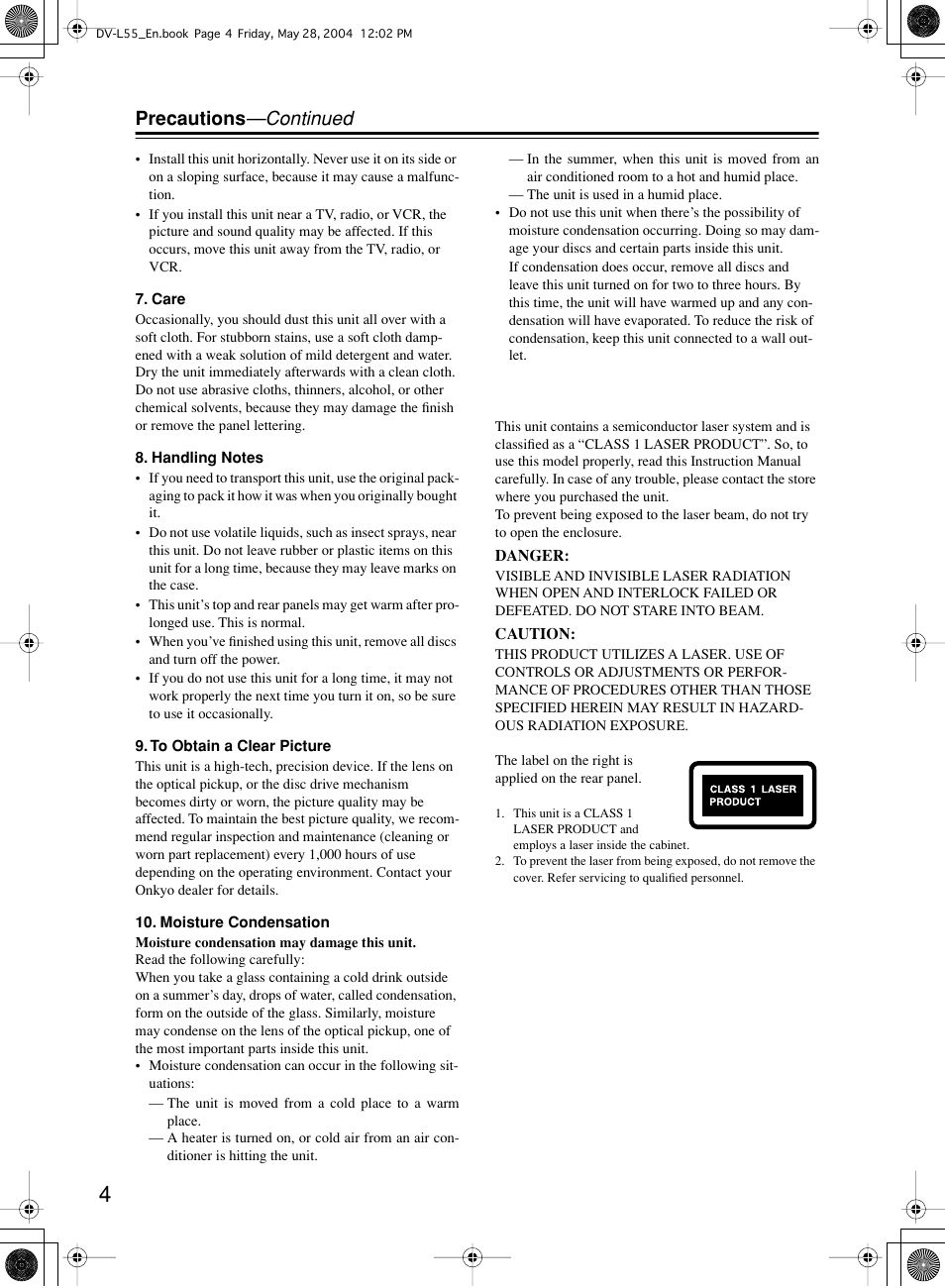 Precautions —continued | Onkyo DV-L55 User Manual | Page 4 / 56