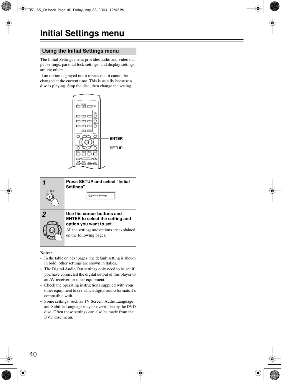 Initial settings menu, Using the initial settings menu | Onkyo DV-L55 User Manual | Page 40 / 56