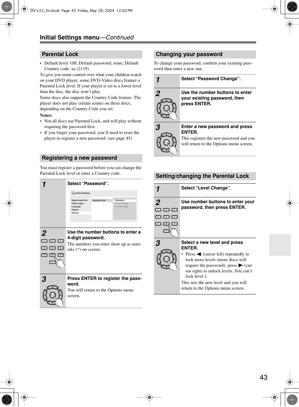 Initial settings menu —continued | Onkyo DV-L55 User Manual | Page 43 / 56