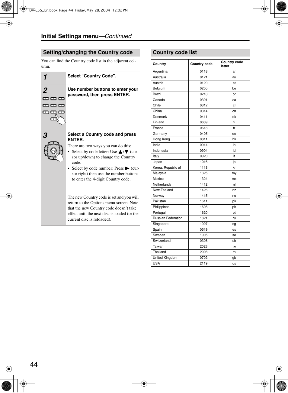 Initial settings menu —continued, Setting/changing the country code, Country code list | Onkyo DV-L55 User Manual | Page 44 / 56