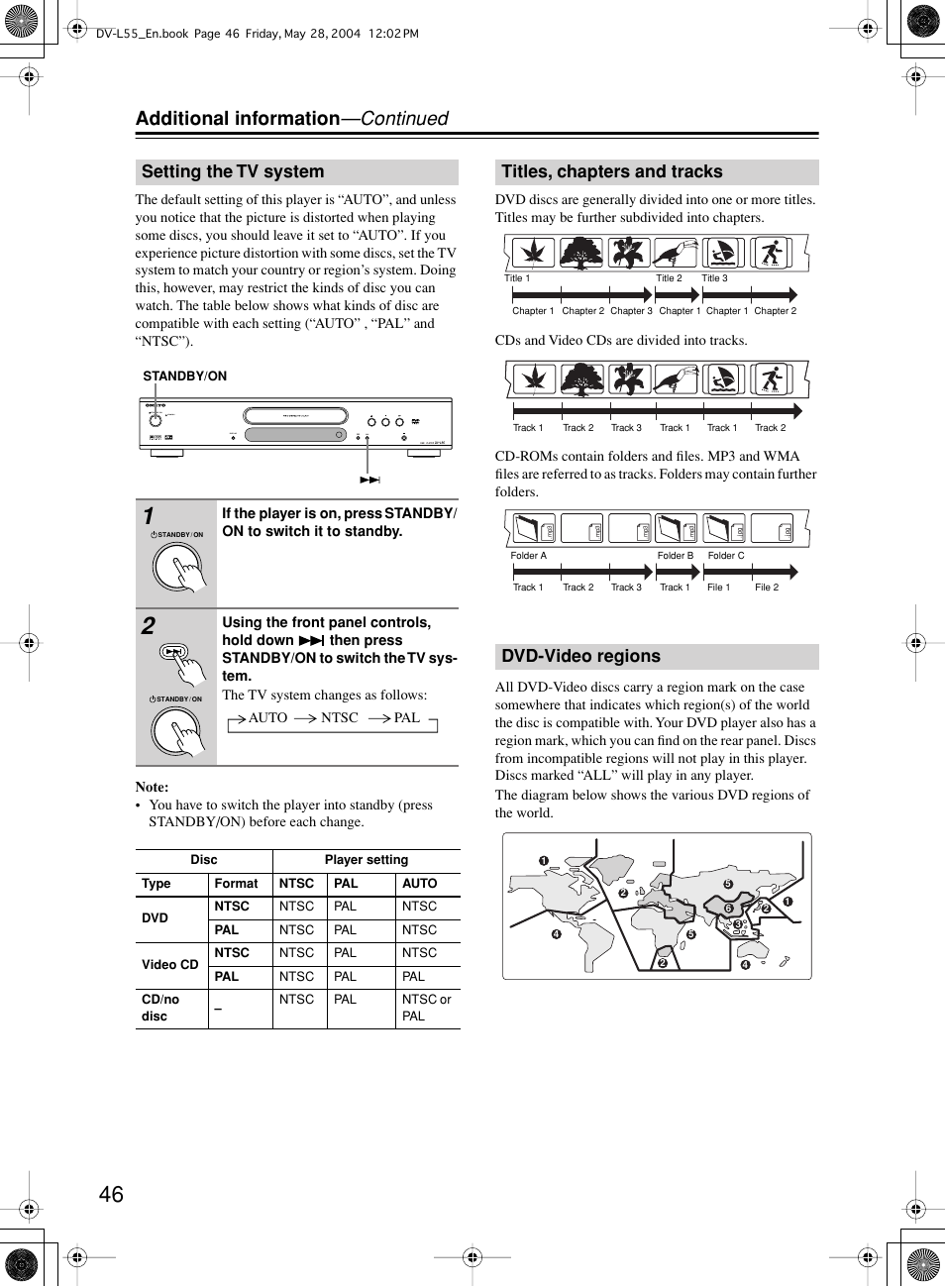 Additional information —continued, Setting the tv system, Titles, chapters and tracks dvd-video regions | Onkyo DV-L55 User Manual | Page 46 / 56