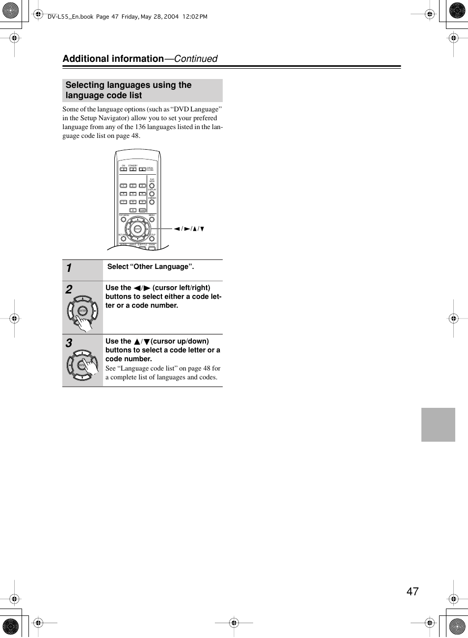 Additional information —continued, Selecting languages using the language code list | Onkyo DV-L55 User Manual | Page 47 / 56