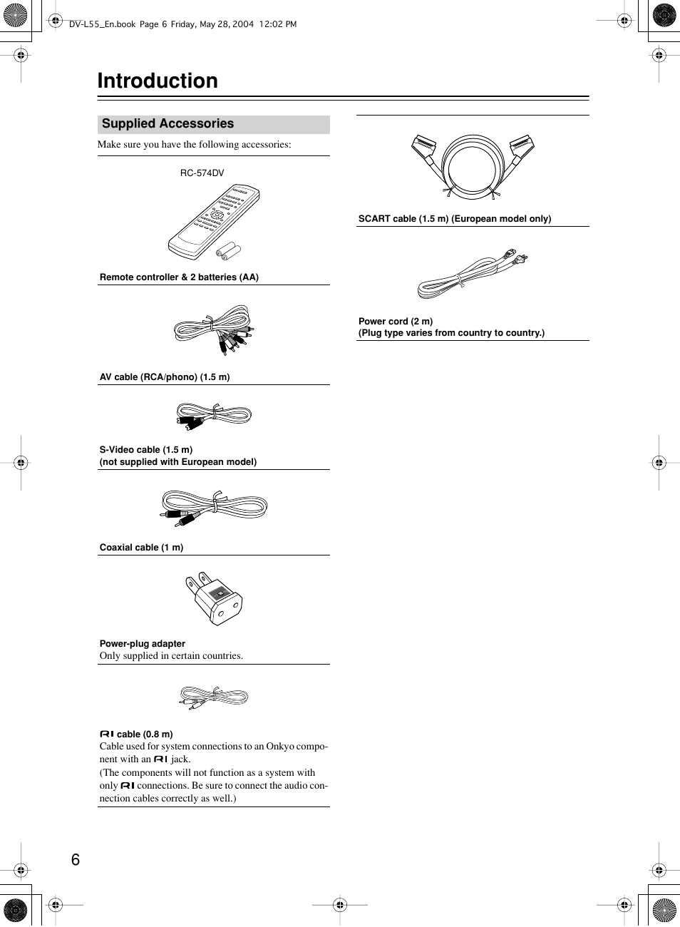 Introduction | Onkyo DV-L55 User Manual | Page 6 / 56