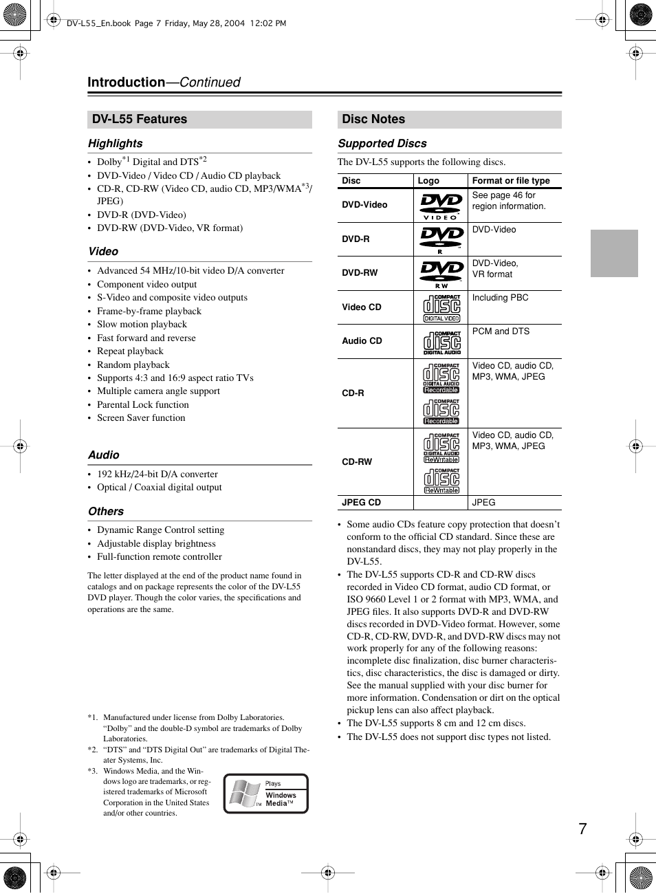 Introduction —continued, Dv-l55 features | Onkyo DV-L55 User Manual | Page 7 / 56