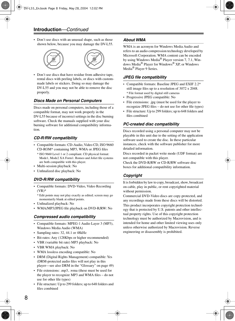 Introduction —continued | Onkyo DV-L55 User Manual | Page 8 / 56