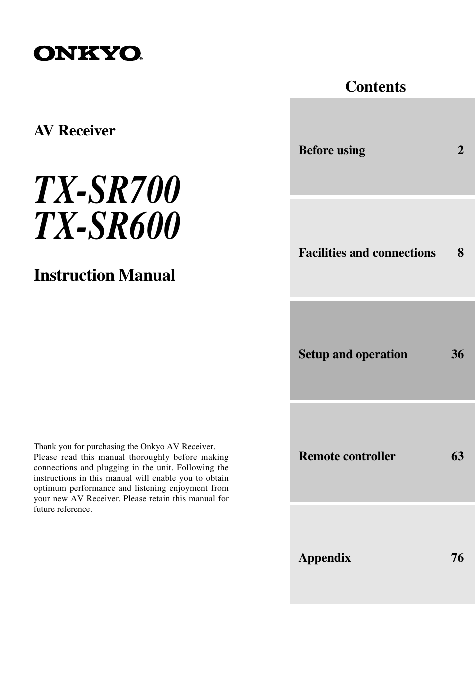 Onkyo TX-SR600 User Manual | 80 pages