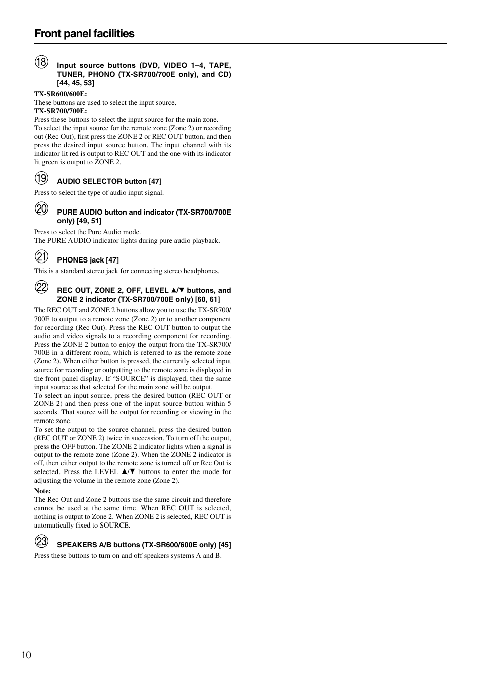 Front panel facilities | Onkyo TX-SR600 User Manual | Page 10 / 80