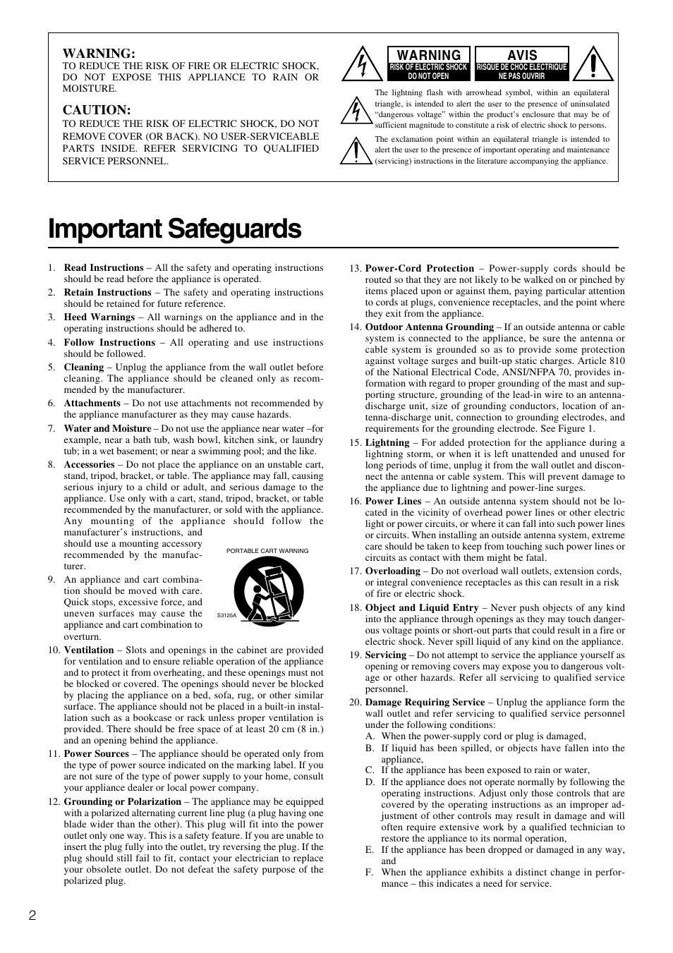 Important safeguards, Warning, Caution | Avis | Onkyo TX-SR600 User Manual | Page 2 / 80