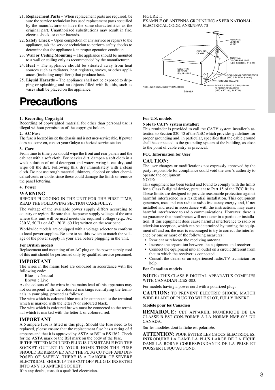 Precautions | Onkyo TX-SR600 User Manual | Page 3 / 80
