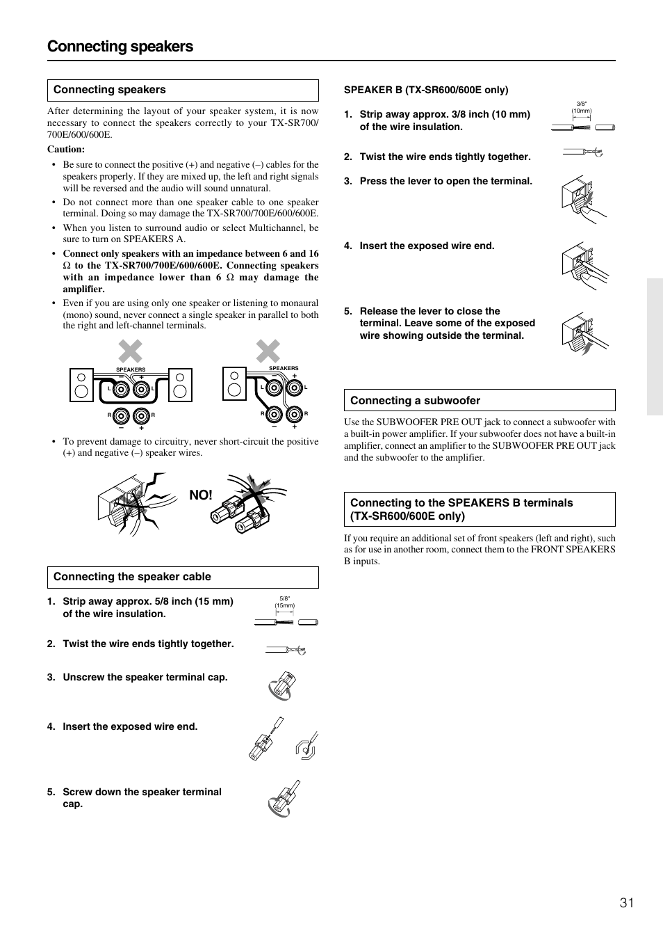Connecting speakers, Connecting a subwoofer, Connecting the speaker cable | Onkyo TX-SR600 User Manual | Page 31 / 80