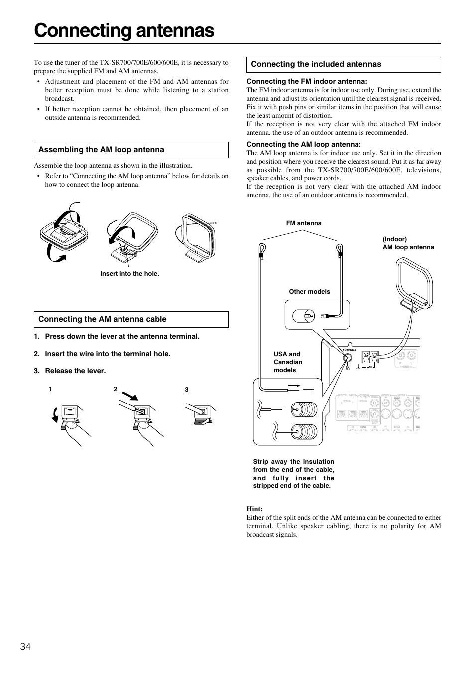 Connecting antennas, Connecting the included antennas, Assembling the am loop antenna | Connecting the am antenna cable | Onkyo TX-SR600 User Manual | Page 34 / 80