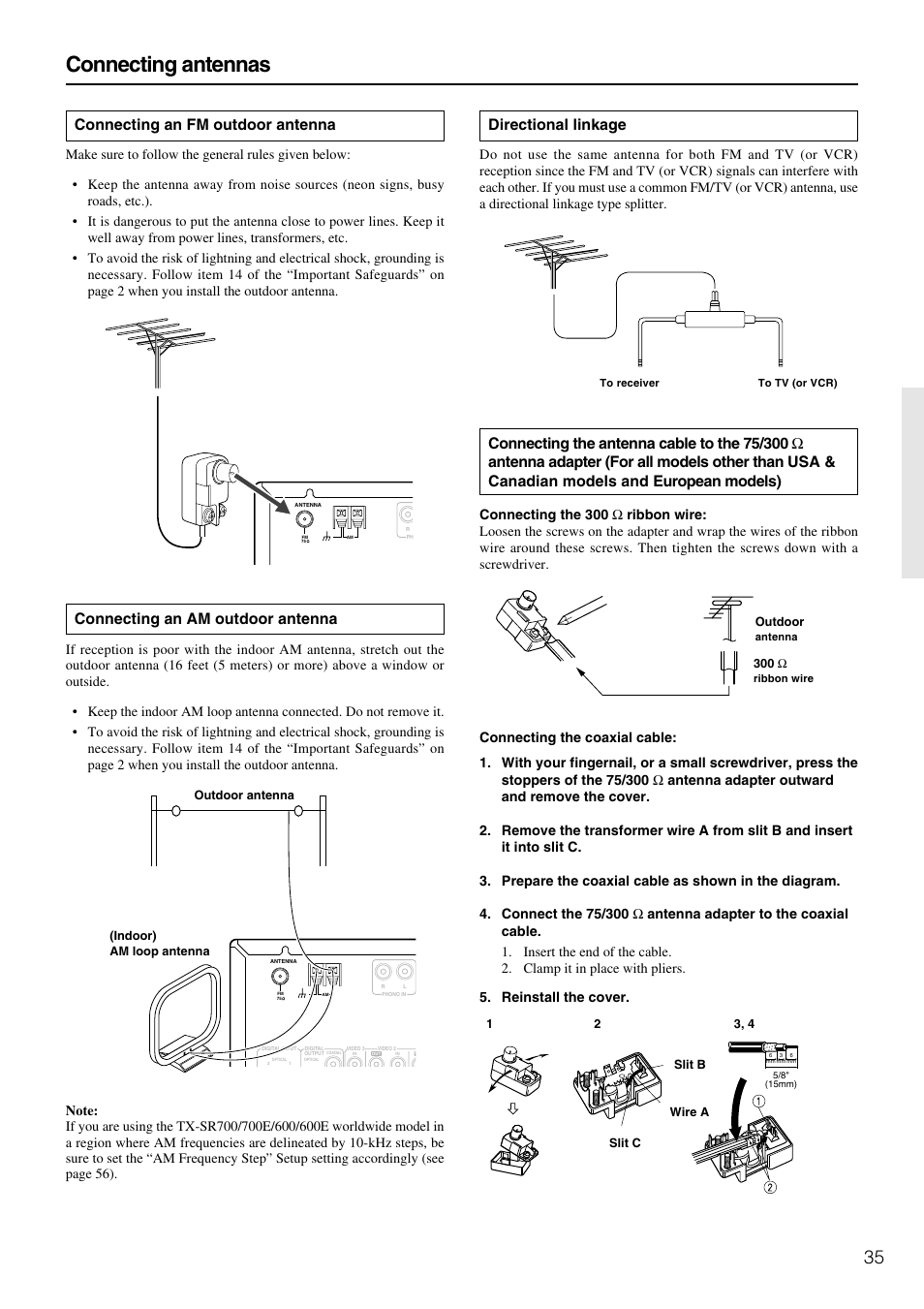 Connecting antennas, Connecting an fm outdoor antenna, Connecting an am outdoor antenna | Directional linkage | Onkyo TX-SR600 User Manual | Page 35 / 80