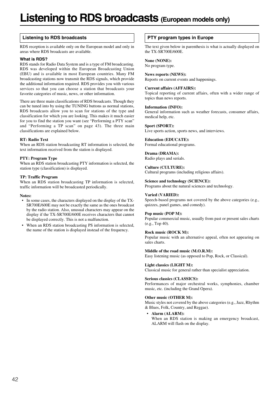 Listening to rds broadcasts, European models only) | Onkyo TX-SR600 User Manual | Page 42 / 80